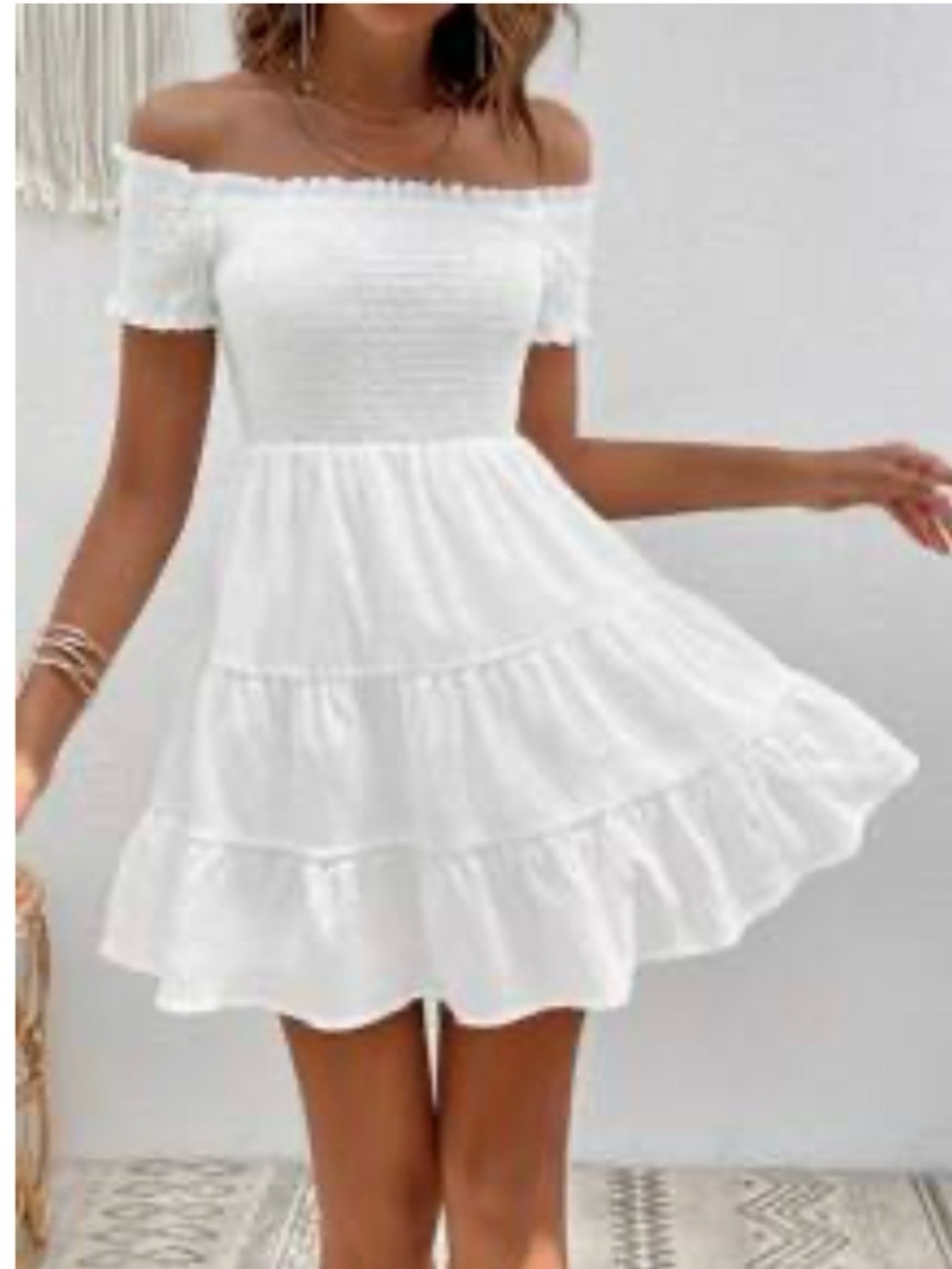 SHEIN White Off-Shoulder Tiered Mini Dress